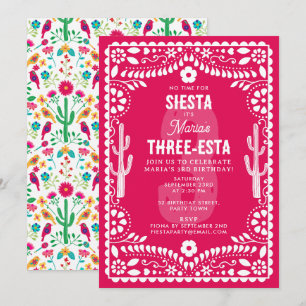 Convite Festa Floral Mexicana Rosa Três-Estes 3º Aniversár
