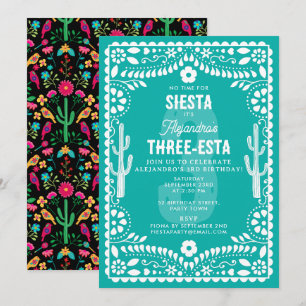 Convite Festa Floral Mexicana Teal Três-Esta 3º Aniversári