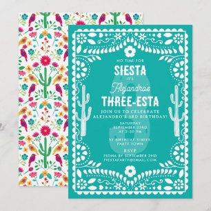Convite Festa Floral Mexicana Teal Três-Estrelas 3º Aniver