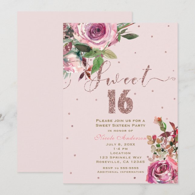Convite Festa Floral Moderna Rosa Bege Dourado SWEET 16 (Frente/Verso)