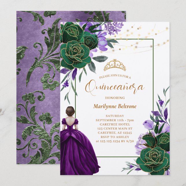 Convite Festa Floral Quinceañera Princesa Roxa (Frente/Verso)