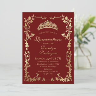 Convite Festa Floral Royal Red Gold Foto Quinceanera