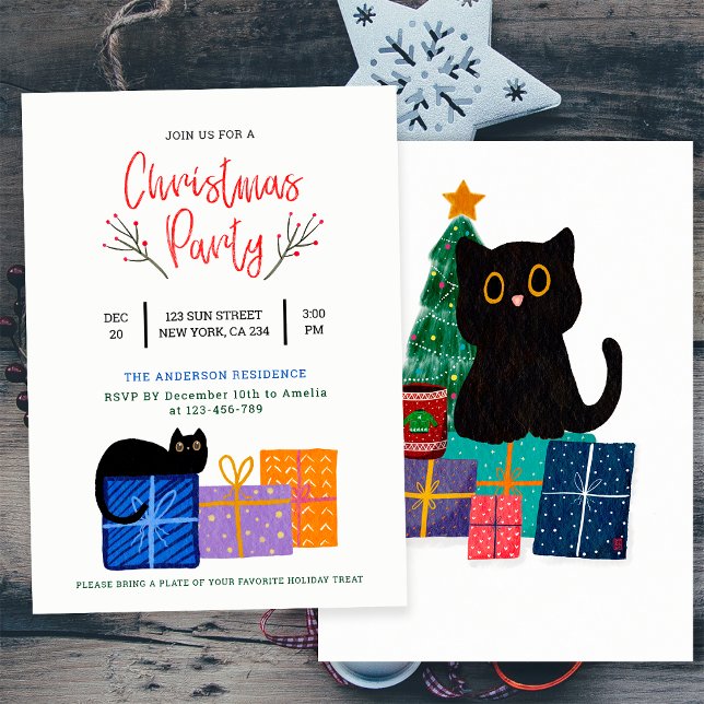 Convite Festa Fofa Arte de Café com Gato Preto Natal (Front and Back)