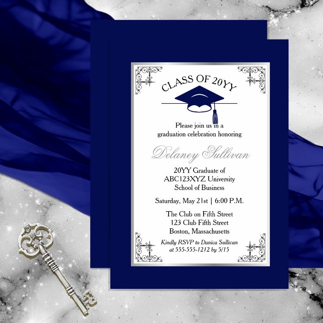 Convite Festa Formal de Formandos Azul Elegante (Elegant Formal Silver Tone and Dark Royal Blue College | University Graduation Party Invitation )