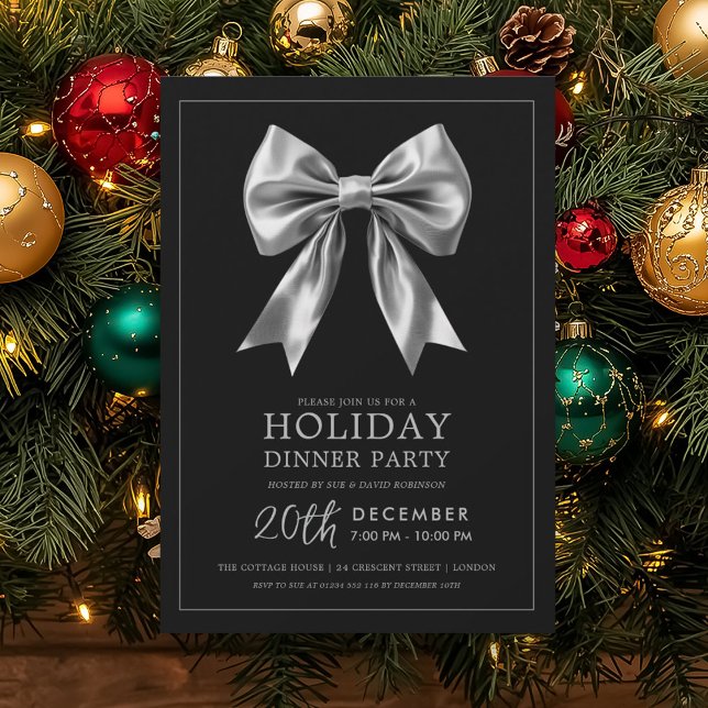 Convite Festa Formal de Jantar de Natal com Laço de Cetim  (Formal Holiday Dinner Party Silver Satin Bow Black Invitation)