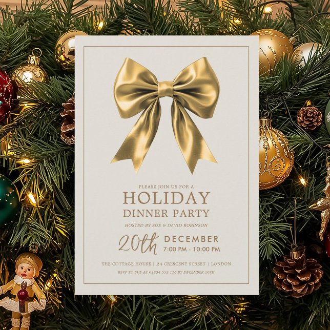 Convite Festa Formal de Jantar de Natal com Laço de Cetim  (Formal Holiday Dinner Party Gold Satin Bow Invitation)