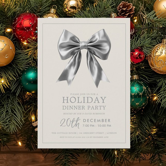 Convite Festa Formal de Jantar de Natal com Laço de Seda P (Formal Holiday Dinner Party Silver Satin Bow Invitation)