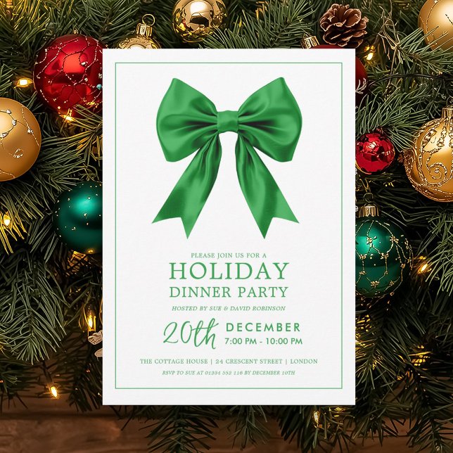 Convite Festa Formal de Natal Laço de Seda Verde (Formal Holiday Dinner Party Green Satin Bow Invitation)