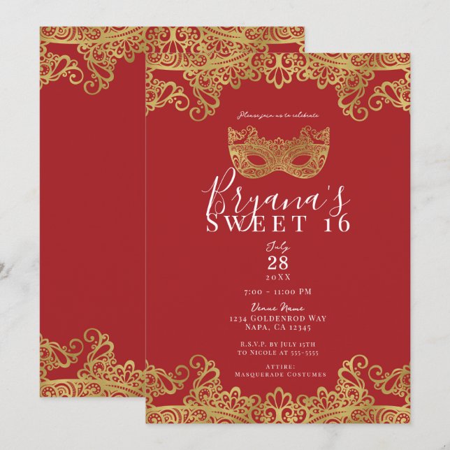 Convite Festa Fortune Red & Gold Lace Masquerade Doce 16 (Frente/Verso)