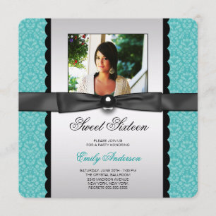 Convite Festa Foto Sweet 16 Damask Verde Teal