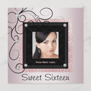 Convite Festa Foto Sweet 16 Rosa e Preto Damask