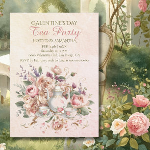 Convite Festa Galentine Chá Floral Rosa Suave Vintage