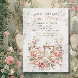 Convite Festa Galentine do Chá Floral Rococó Rosa Suave