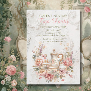 Convite Festa Galentine do Chá Floral Rococó Rosa Suave