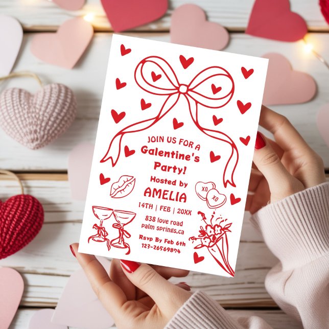 Convite Festa Galentine vermelha com laço, Noite de Valent (Criador carregado)