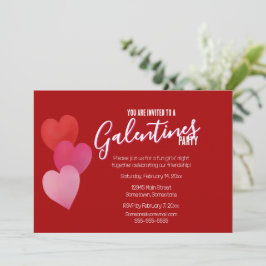 Convite Festa Galentines com 3 Corações em Vermelho