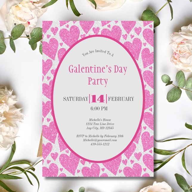 Convite Festa Galentine's Day de Corações Rosa (Pink Hearts Glitter sparkle Galentine's Valentines Day Party Invitaiton)