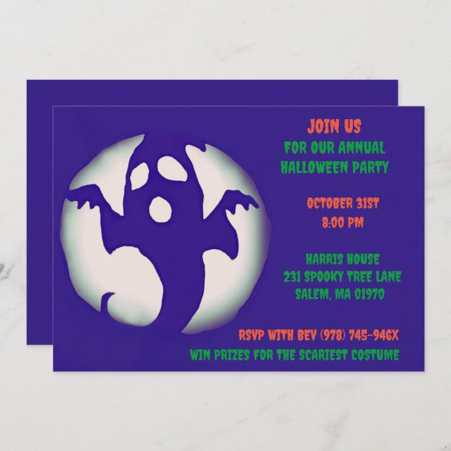 Convite Festa Ghostil do Dia das Bruxas Roxo Azul (Frente/Verso)