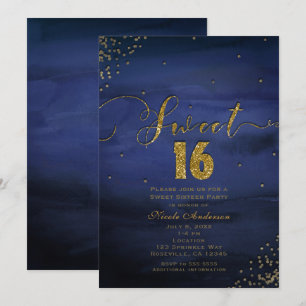 Convite Festa Glam Moderno Aquarela Azul e Dourado SWEET 1