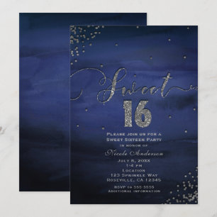 Convite Festa Glam Moderno Aquarela Azul Prata SWEET 16