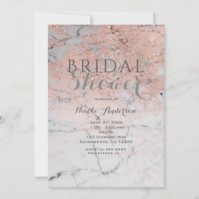 Convite Festa Glam Moderno de Mármore Rosa Dourado Rose Te (Frente)