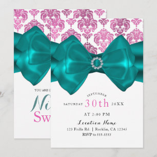 Convite Festa Glam Sweet 16 com Laço Teal e Damask Rosa e