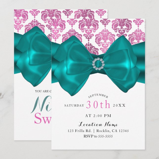 Convite Festa Glam Sweet 16 com Laço Teal e Damask Rosa e  (Frente/Verso)