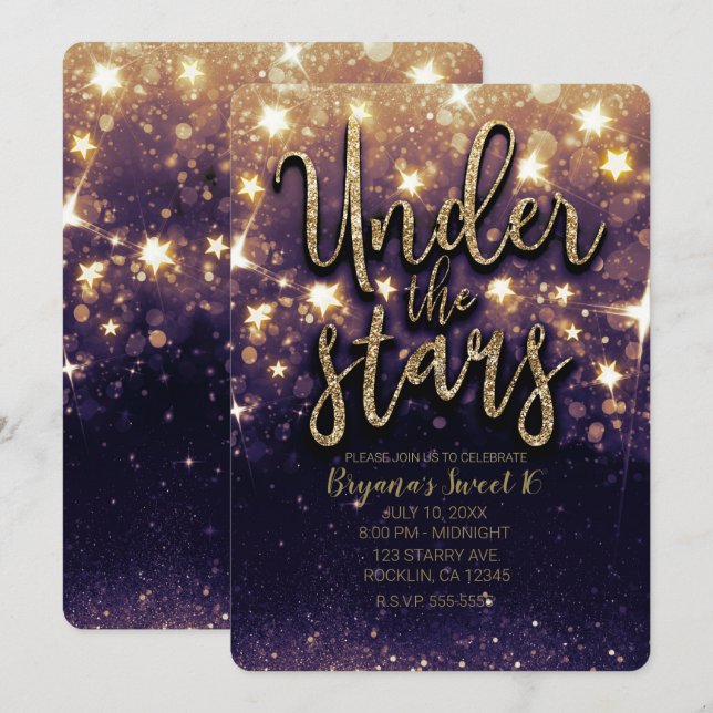 Convite Festa Glitter Dourado Roxo Sob as Estrelas (Frente/Verso)