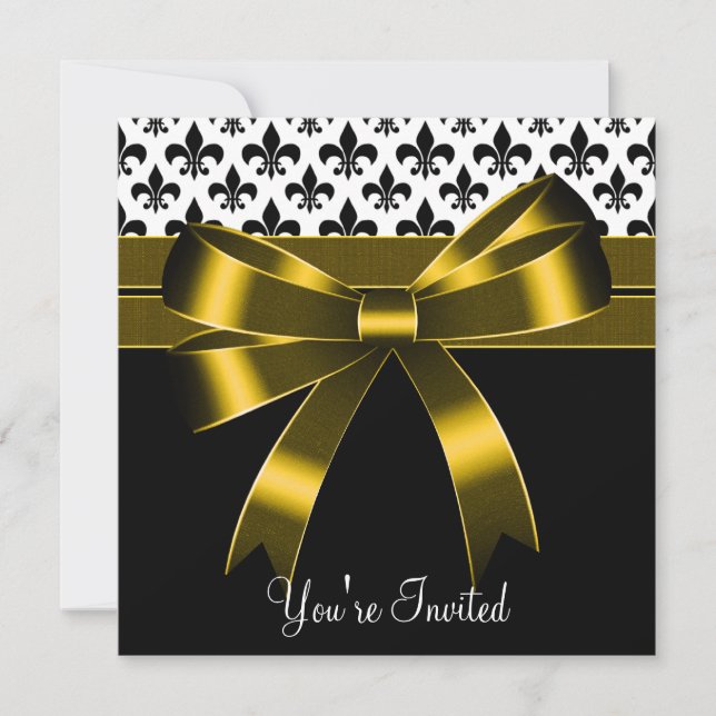 Convite Festa Gold & Black Fleur De Lis (Frente)