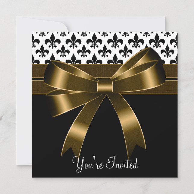 Convite Festa Gold & Black Fleur De Lis (Frente)
