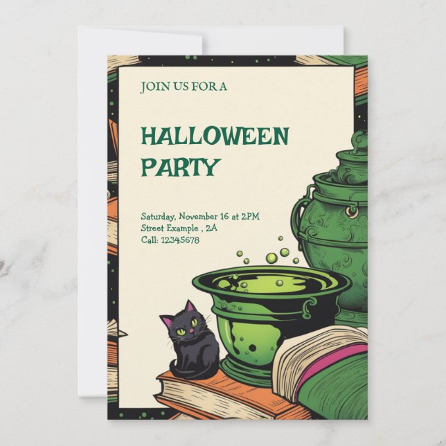 Convite Festa Halloween Caldeirão e Gato Preto (Frente)