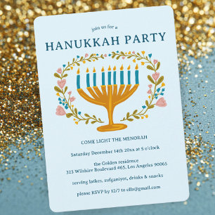 Convite FESTA HANUKKAH, Menorah, coroa floral, CADEIA