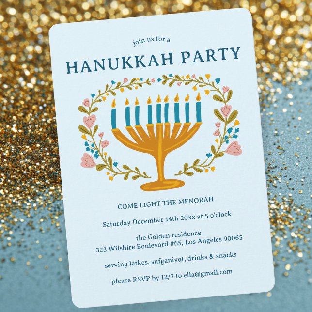 Convite FESTA HANUKKAH, Menorah, coroa floral, CADEIA (HANUKKAH PARTY Menorah floral wreath CUSTOM Invitation
)
