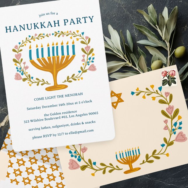 Convite FESTA HANUKKAH, Menorah, coroa floral, CADEIA (HANUKKAH PARTY Menorah floral wreath CUSTOM Invitation
)