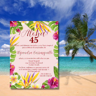 Convite Festa Havaiana Espanhola Rosa Aloha de 45 Anos de