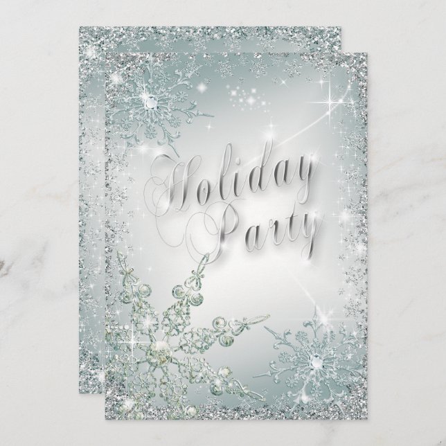 Convite Festa Holiday de Teal Mist Dusty Snowflakes (Frente/Verso)