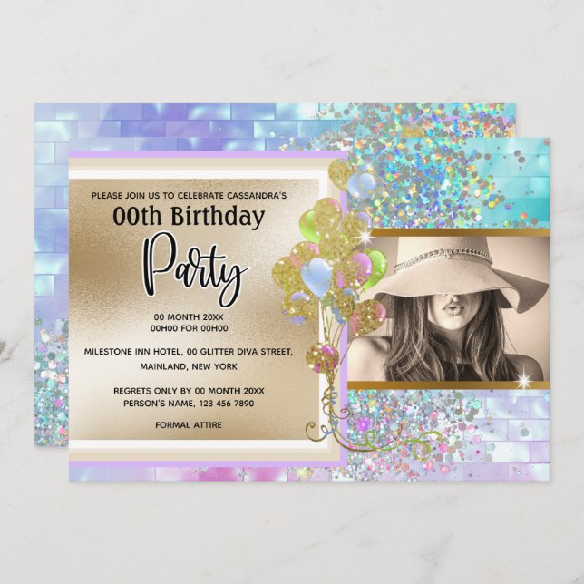 Convite Festa holográfica holográfica cor-de-rosa de confe (Frente/Verso)