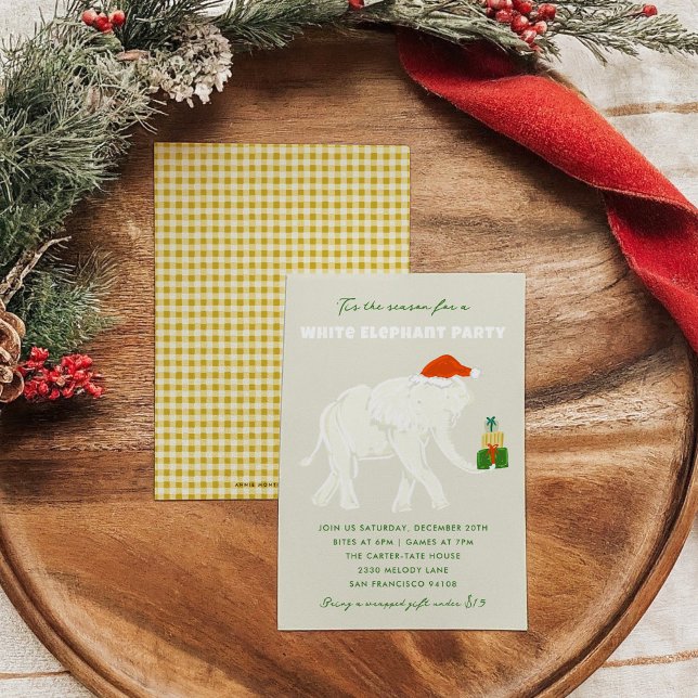 Convite Festa Ilustrada de Elefante Branco Festivo (Festive White Elephant Party Illustrated Invitation with golden yellow checkered back.)