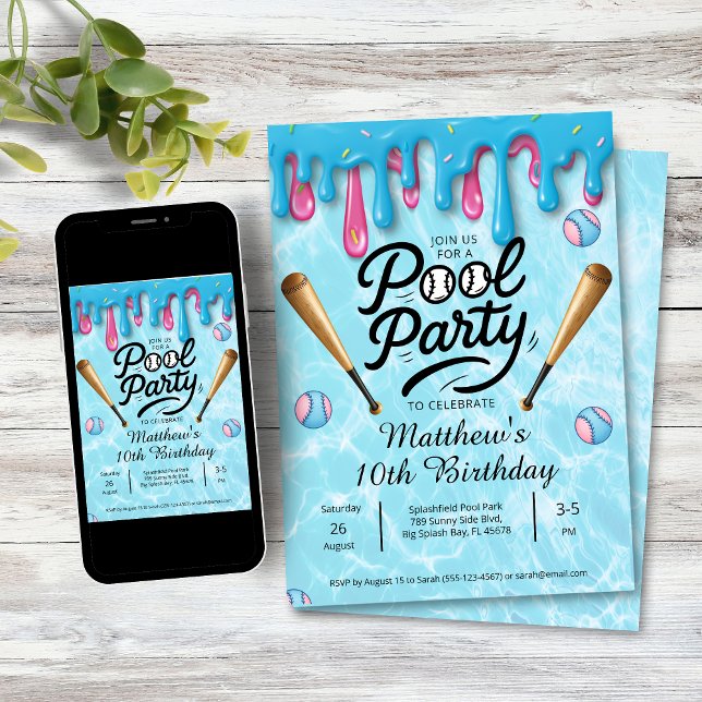 Convite Festa Infantil / Adolescentes na Piscina com Chuva (Baseball Drip Pool Party Birthday Invitation)