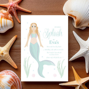 Convite Festa Infantil de Piscina de Sereia com Aquarela R