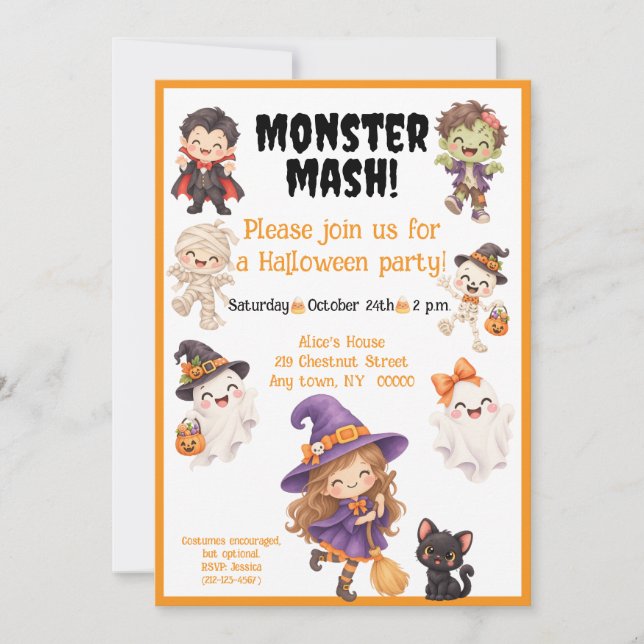 Convite Festa Infantil Monstro Mash no Halloween (Frente)