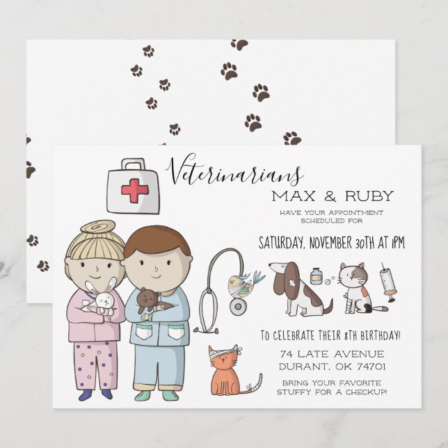Convite Festa Infantil Temática Veterinária para Meninos e (Frente/Verso)