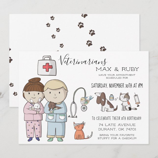 Convite Festa Infantil Temática Veterinária para Meninos e (Frente/Verso)