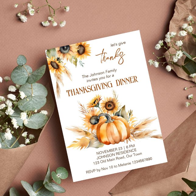 Convite Festa jante de Ação de Graças Boho Abóbora girasso (Thanksgiving dinner party boho template invitation digital download watercolor pumpkin sunflowers)