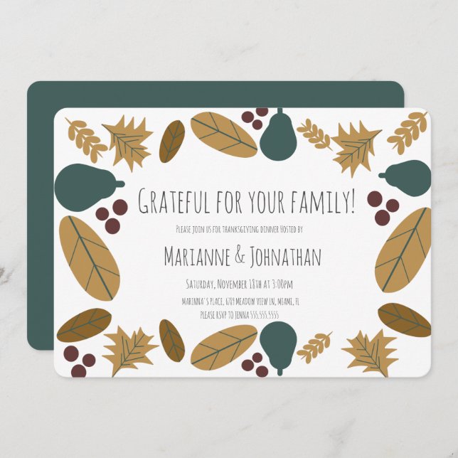 Convite Festa Jante de Ação de Graças, Greenery Pear Wreat (Frente/Verso)