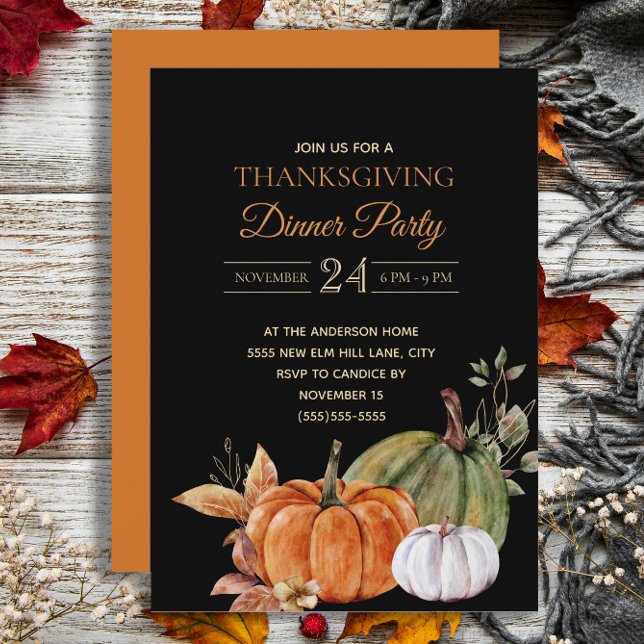 Convite Festa Jante de Ação de Graças Preta Pumpkins (Elegant Thanksgiving Dinner invitation with orange and white pumpkins on black)