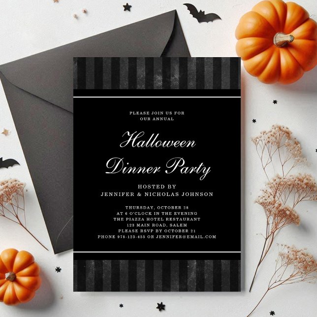 Convite Festa Jante de Dia das Bruxas em Black Strips (Black Stripes Halloween Dinner Party Invitation)