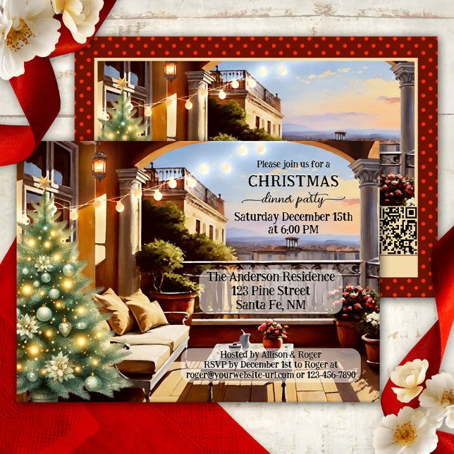 Convite Festa Jante de Natal Cozy Italiana Balcony (Christmas dinner party invitation featuring an Italian balcony with Christmas tree and string lights)