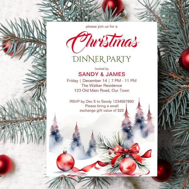 Convite Festa jante de Natal - fita vermelha clássica (Classical Christmas dinner party template invitation instant download red baubles ribbon snowy pines)