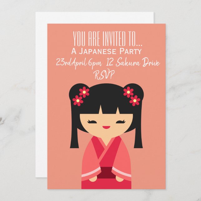 Convite Festa japonesa com tema rosa-fofinho (Frente/Verso)